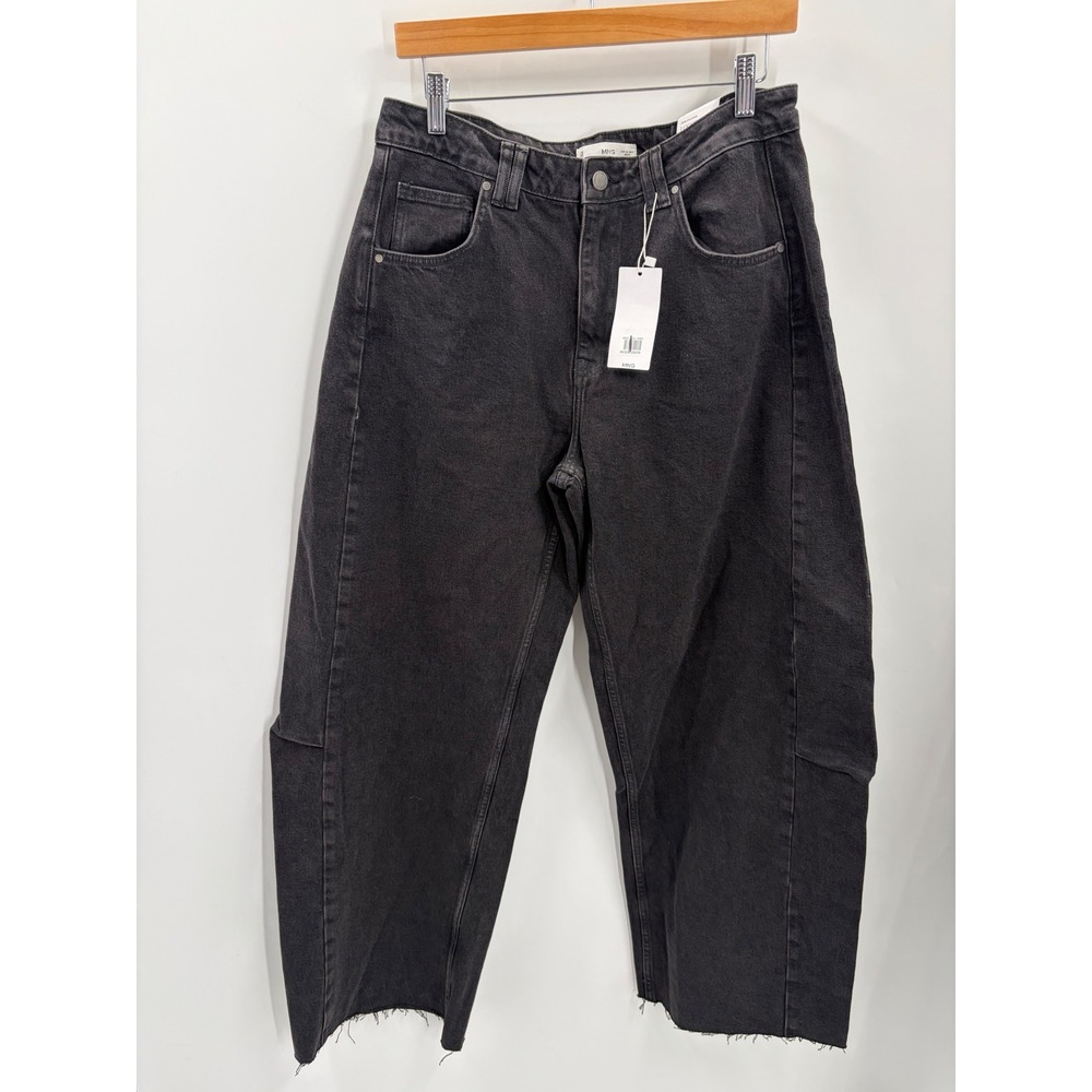 Mango MNG Loose Fit Low Waist barrel Jeans Washed Black Raw Hem Size 6 EUR 38